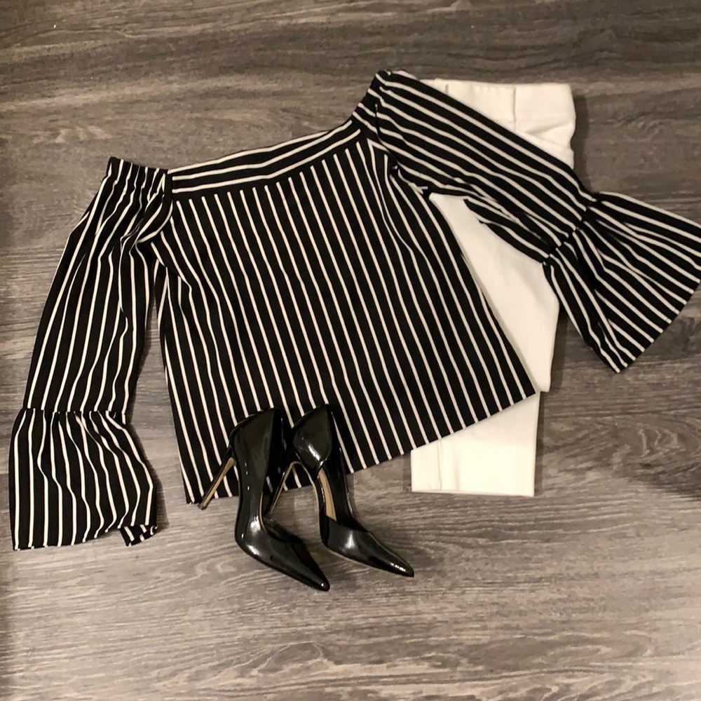 Black and white striped Off-the-shoulder blouse from Entourage Boutique